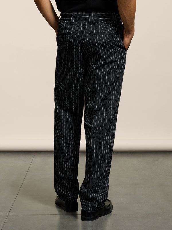 MEN'S REGULAR FIT CHINOS IN PINSTRIPE BLACK BASE WHITE STRIPES - BLACK/WHITE PINSTRIPE - Men′s Bottomwear | Pence 1979