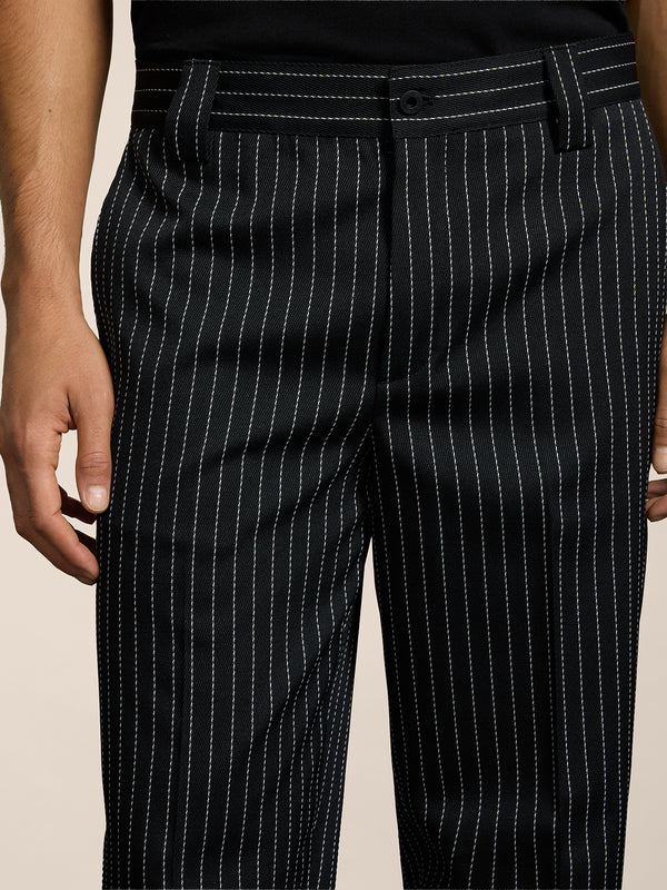 MEN'S REGULAR FIT CHINOS IN PINSTRIPE BLACK BASE WHITE STRIPES - BLACK/WHITE PINSTRIPE - Men′s Bottomwear | Pence 1979