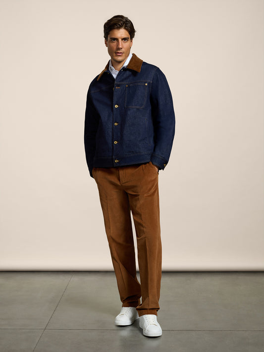 MEN'S REGULAR FIT CHINOS IN VELVET DARK CARAMEL - DARK CARAMEL - Men′s Bottomwear | Pence 1979