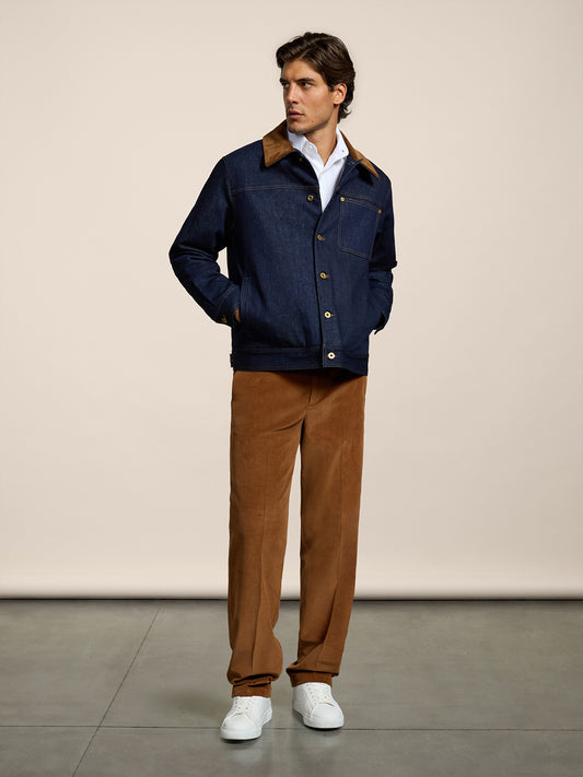 MEN'S REGULAR FIT JACKET IN BLUE COMFORT DENIM WITH BROWN CORUDROY COLLAR - DARK DENIM BLUE  - Men′s Clothing  | Pence 1979