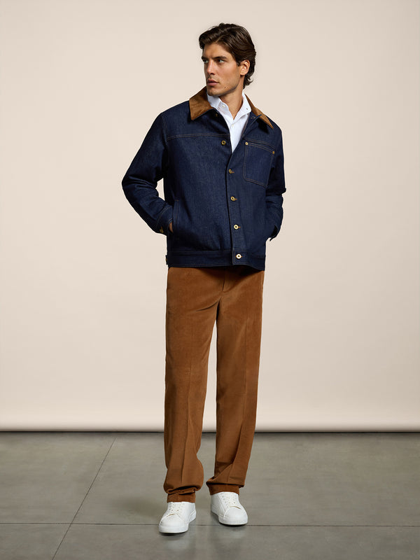 MEN'S REGULAR FIT JACKET IN BLUE COMFORT DENIM WITH BROWN CORUDROY COLLAR - DARK DENIM BLUE  - Men′s Clothing  | Pence 1979