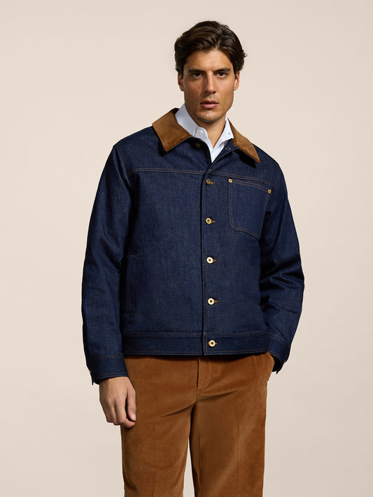 MEN'S REGULAR FIT JACKET IN BLUE COMFORT DENIM WITH BROWN CORUDROY COLLAR - DARK DENIM BLUE  - Men′s Clothing  | Pence 1979