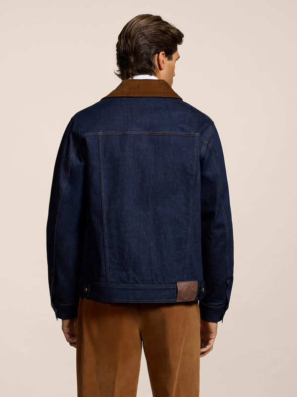 MEN'S REGULAR FIT JACKET IN BLUE COMFORT DENIM WITH BROWN CORUDROY COLLAR - DARK DENIM BLUE  - Men′s Clothing  | Pence 1979