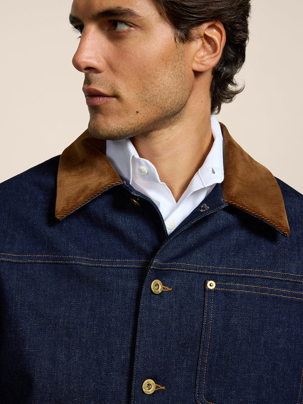 MEN'S REGULAR FIT JACKET IN BLUE COMFORT DENIM WITH BROWN CORUDROY COLLAR - DARK DENIM BLUE  - Men′s Clothing  | Pence 1979
