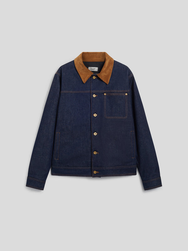MEN'S REGULAR FIT JACKET IN BLUE COMFORT DENIM WITH BROWN CORUDROY COLLAR - DARK DENIM BLUE  - Men′s Clothing  | Pence 1979