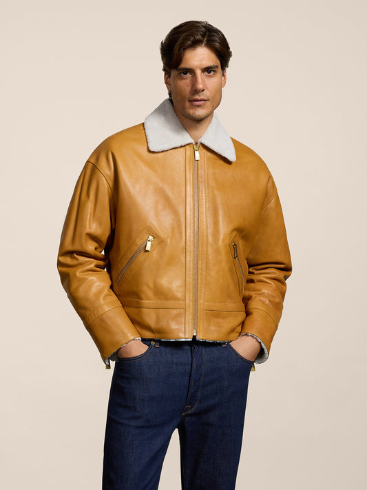 MEN'S COMFORT FIT JACKET WITH SHEARLING LINING CARAMEL - CARAMEL - Men′s Clothing  | Pence 1979