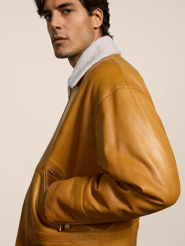 MEN'S COMFORT FIT JACKET WITH SHEARLING LINING CARAMEL - CARAMEL - Men′s Clothing  | Pence 1979