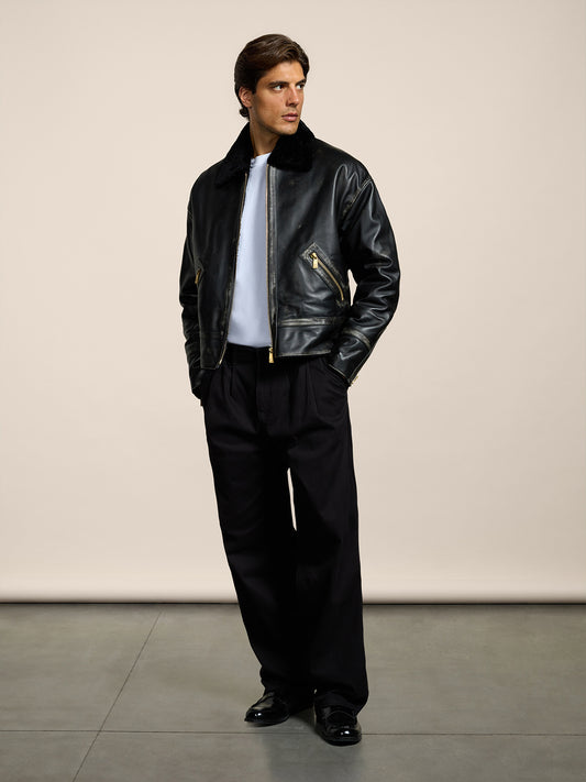 MEN'S COMFORT FIT JACKET SHEARLING LINING AND USED TREATMENT BLACK COLOR - BLACK - Men′s Clothing  | Pence 1979