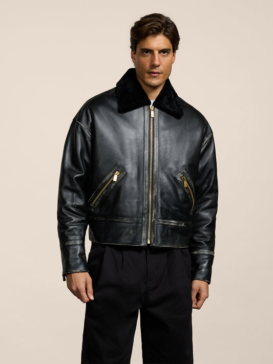 MEN'S COMFORT FIT JACKET SHEARLING LINING AND USED TREATMENT BLACK COLOR - BLACK - Men′s Clothing  | Pence 1979