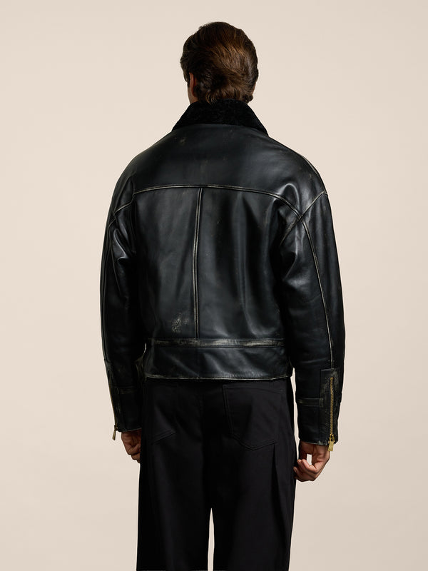 MEN'S COMFORT FIT JACKET SHEARLING LINING AND USED TREATMENT BLACK COLOR - BLACK - Men′s Clothing  | Pence 1979