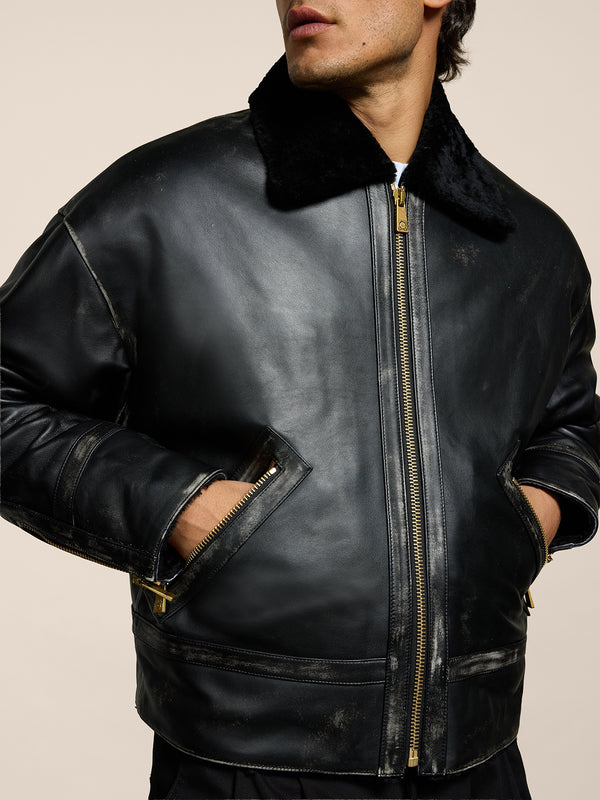 MEN'S COMFORT FIT JACKET SHEARLING LINING AND USED TREATMENT BLACK COLOR - BLACK - Men′s Clothing  | Pence 1979