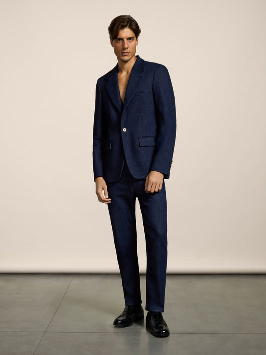 MEN'S SINGLE-BREASTED BLAZER IN BLUE COMFORT DENIM WITH MIRROR LAPELS ONE BUTTON REGULAR FIT  - DARK DENIM BLUE  - Men′s Blazers | Pence 1979