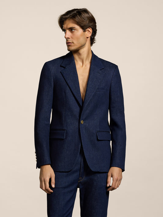MEN'S SINGLE-BREASTED BLAZER IN BLUE COMFORT DENIM WITH MIRROR LAPELS ONE BUTTON REGULAR FIT  - DARK DENIM BLUE  - Men′s Blazers | Pence 1979