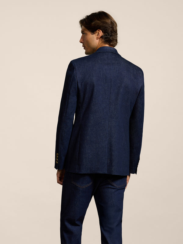 MEN'S SINGLE-BREASTED BLAZER IN BLUE COMFORT DENIM WITH MIRROR LAPELS ONE BUTTON REGULAR FIT  - DARK DENIM BLUE  - Men′s Blazers | Pence 1979