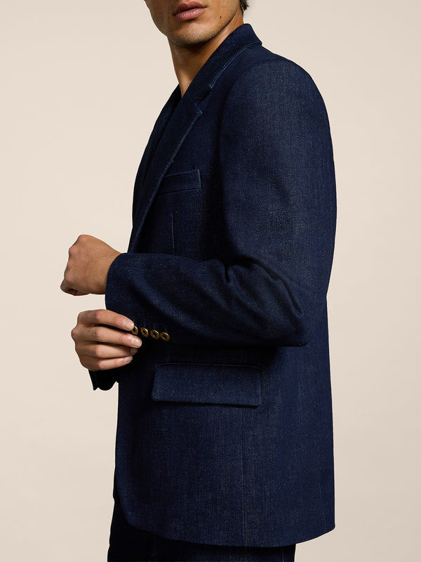 MEN'S SINGLE-BREASTED BLAZER IN BLUE COMFORT DENIM WITH MIRROR LAPELS ONE BUTTON REGULAR FIT  - DARK DENIM BLUE  - Men′s Blazers | Pence 1979