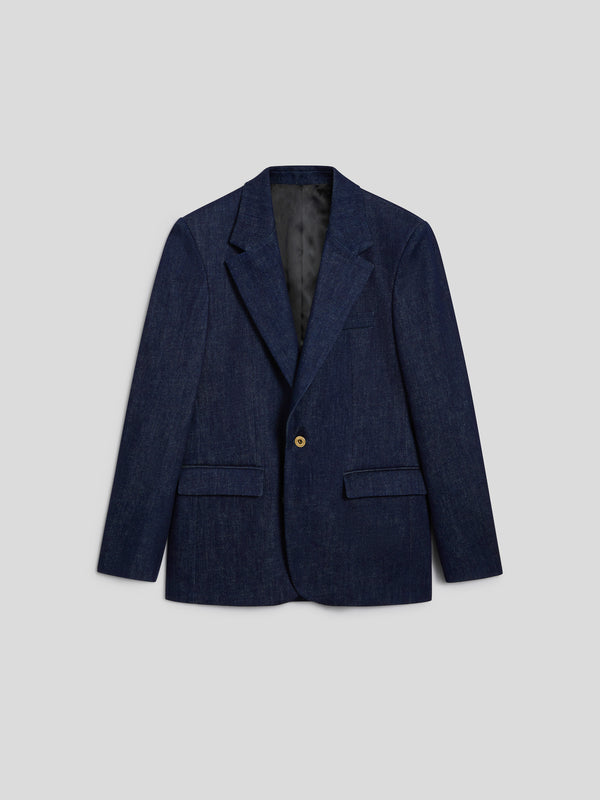 MEN'S SINGLE-BREASTED BLAZER IN BLUE COMFORT DENIM WITH MIRROR LAPELS ONE BUTTON REGULAR FIT  - DARK DENIM BLUE  - Men′s Blazers | Pence 1979