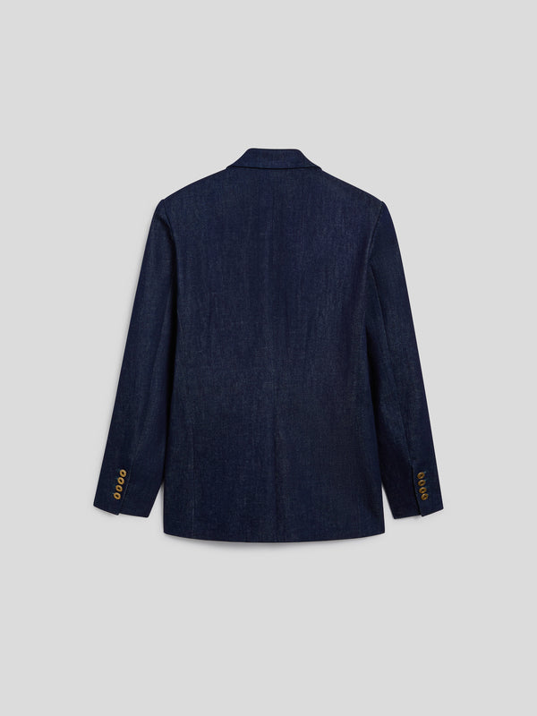 MEN'S SINGLE-BREASTED BLAZER IN BLUE COMFORT DENIM WITH MIRROR LAPELS ONE BUTTON REGULAR FIT  - DARK DENIM BLUE  - Men′s Blazers | Pence 1979
