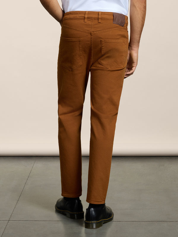 MEN'S 5 POCKET PANT IN COMFORT COTTON BULL FABRIC GARMENT DYED TOBACCO COLOR CARROT FIT - TOBACCO - Men′s Bottomwear | Pence 1979