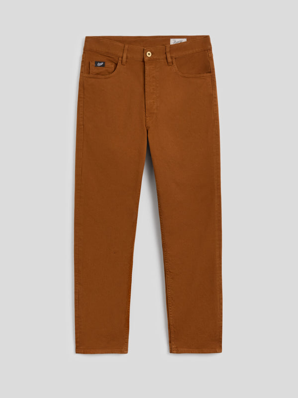 MEN'S 5 POCKET PANT IN COMFORT COTTON BULL FABRIC GARMENT DYED TOBACCO COLOR CARROT FIT - TOBACCO - Men′s Bottomwear | Pence 1979