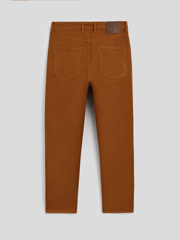 MEN'S 5 POCKET PANT IN COMFORT COTTON BULL FABRIC GARMENT DYED TOBACCO COLOR CARROT FIT - TOBACCO - Men′s Bottomwear | Pence 1979