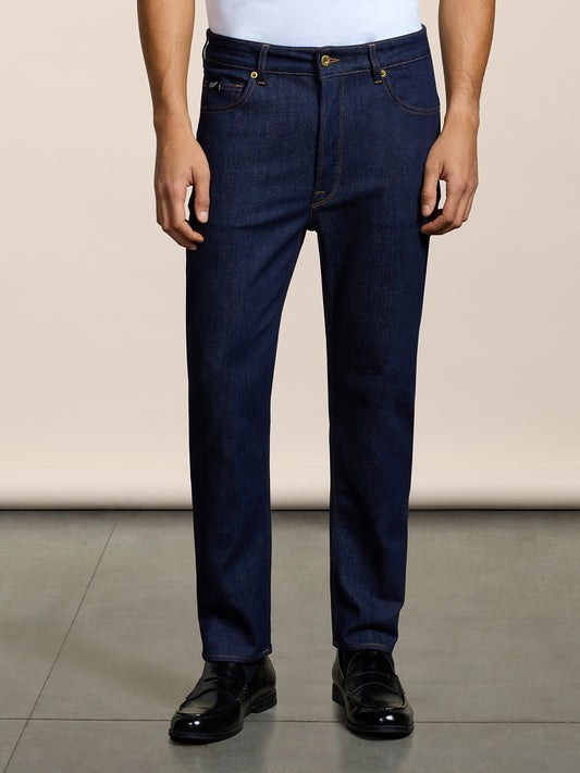 MEN'S 5 POCKET PANT IN BLUE COMFORT DENIM CARROT FIT - DARK DENIM BLUE  - Men′s Bottomwear | Pence 1979