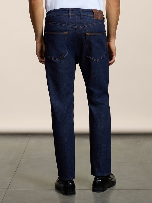 MEN'S 5 POCKET PANT IN BLUE COMFORT DENIM CARROT FIT - DARK DENIM BLUE  - Men′s Bottomwear | Pence 1979