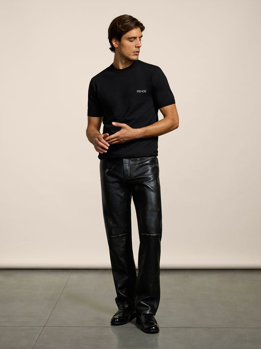 MEN'S 5 POCKET LOOSE FIT PANT IN LAMB LEATHER WITH USED TREATMENT BLACK - BLACK - Men′s Bottomwear | Pence 1979