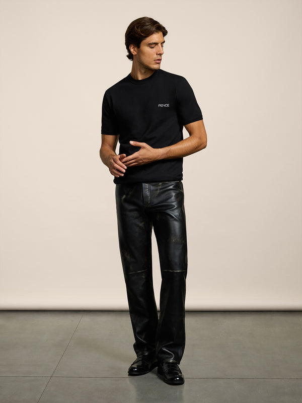 MEN'S 5 POCKET LOOSE FIT PANT IN LAMB LEATHER WITH USED TREATMENT BLACK - BLACK - Men′s Bottomwear | Pence 1979
