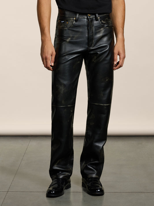 MEN'S 5 POCKET LOOSE FIT PANT IN LAMB LEATHER WITH USED TREATMENT BLACK - BLACK - Men′s Bottomwear | Pence 1979