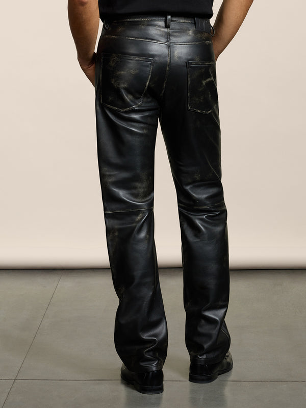 MEN'S 5 POCKET LOOSE FIT PANT IN LAMB LEATHER WITH USED TREATMENT BLACK - BLACK - Men′s Bottomwear | Pence 1979