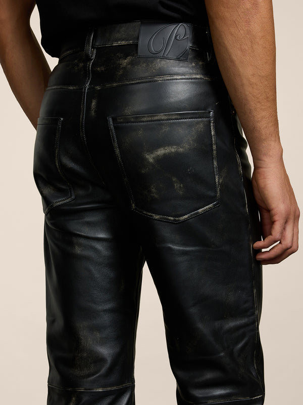 MEN'S 5 POCKET LOOSE FIT PANT IN LAMB LEATHER WITH USED TREATMENT BLACK - BLACK - Men′s Bottomwear | Pence 1979
