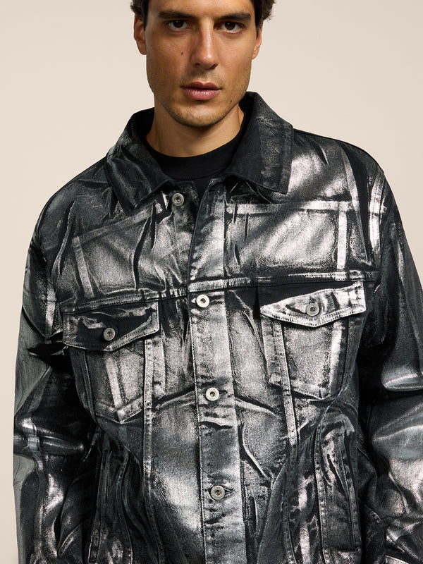 UNISEX OVER FIT DENIM JACKET WITH METALLIC COATING SILVER  - SILVER - Men′s Clothing  | Pence 1979