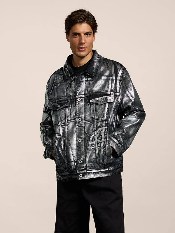 UNISEX OVER FIT DENIM JACKET WITH METALLIC COATING SILVER  - SILVER - Men′s Clothing  | Pence 1979