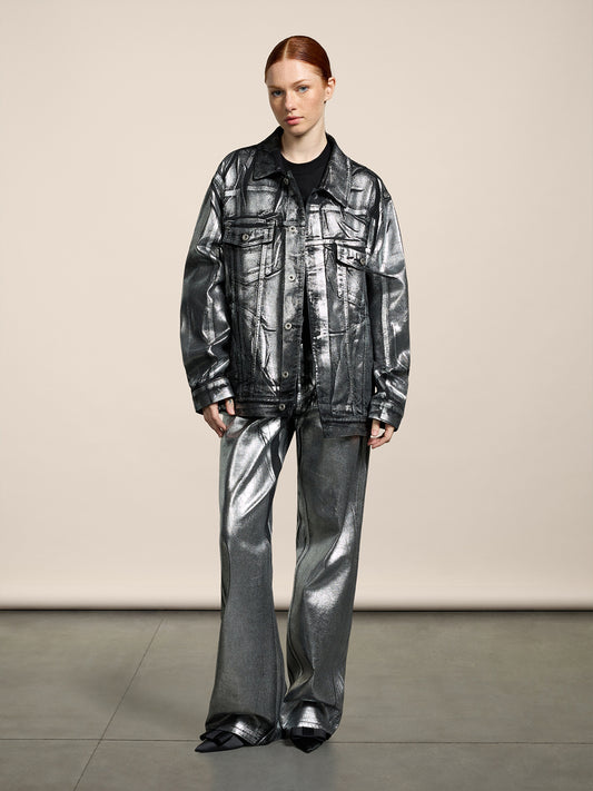 UNISEX OVER FIT DENIM JACKET WITH METALLIC COATING SILVER  - SILVER - Men′s Clothing  | Pence 1979