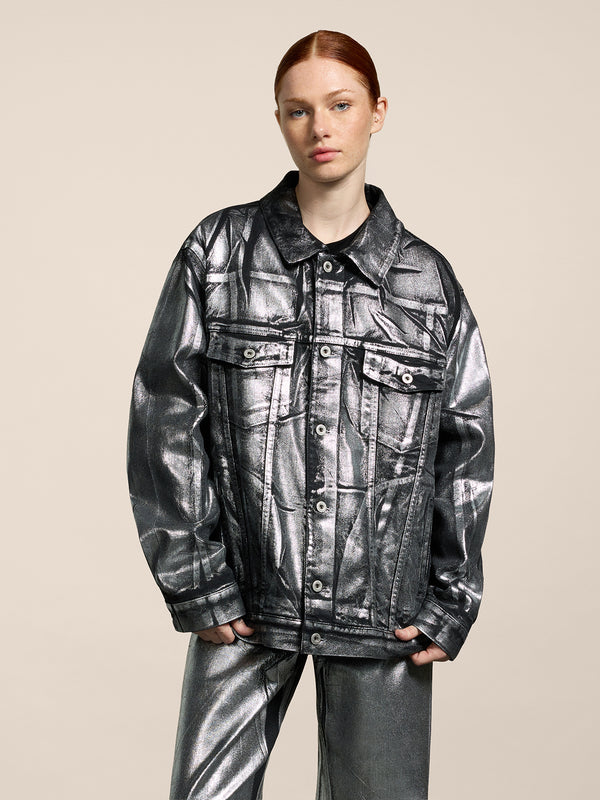 UNISEX OVER FIT DENIM JACKET WITH METALLIC COATING SILVER  - SILVER - Men′s Clothing  | Pence 1979