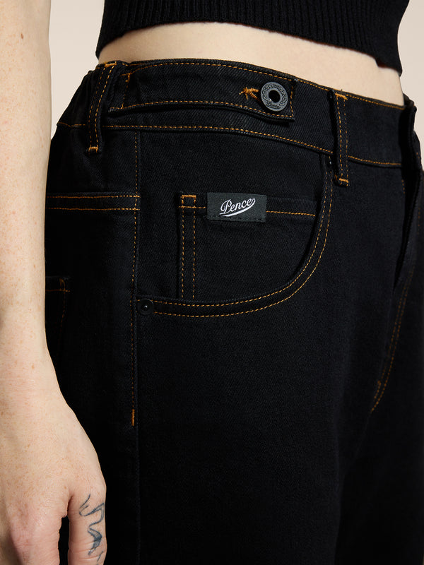 UNISEX 5 POCKET RELAXED FIT PANT IN DENIM COMFORT BLACK WITH TOBACCO STITCHING - BLACK - Men′s Bottomwear | Pence 1979