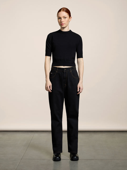 UNISEX 5 POCKET RELAXED FIT PANT IN DENIM COMFORT BLACK WITH TOBACCO STITCHING - BLACK - Men′s Bottomwear | Pence 1979