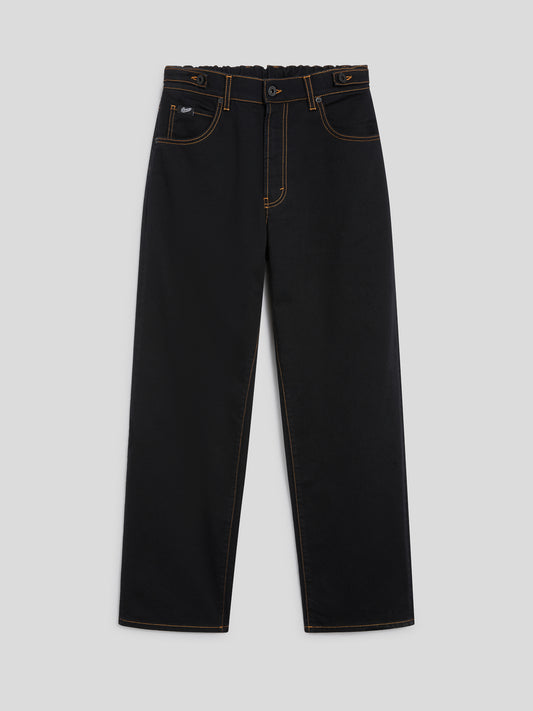 UNISEX 5 POCKET RELAXED FIT PANT IN DENIM COMFORT BLACK WITH TOBACCO STITCHING - BLACK - Men′s Bottomwear | Pence 1979
