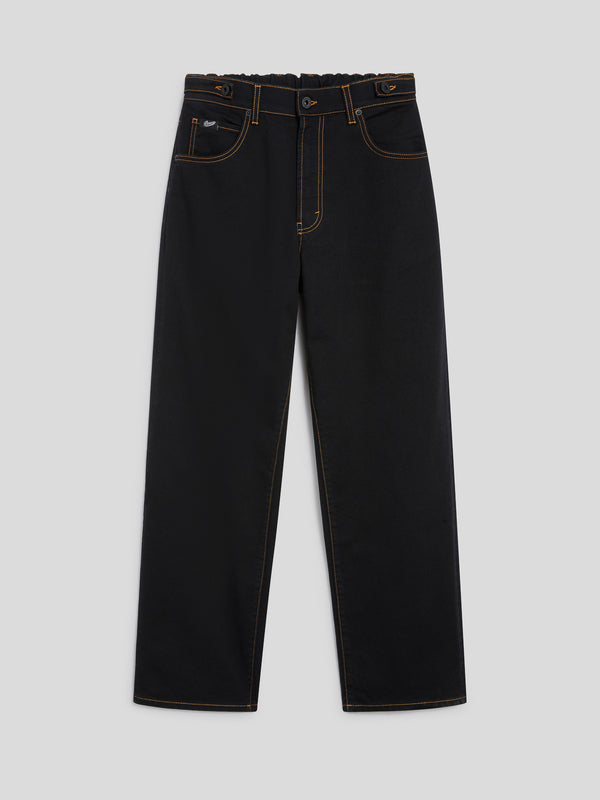 UNISEX 5 POCKET RELAXED FIT PANT IN DENIM COMFORT BLACK WITH TOBACCO STITCHING - BLACK - Men′s Bottomwear | Pence 1979
