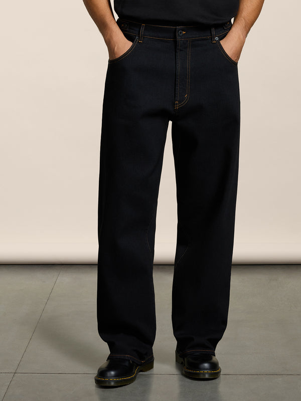 UNISEX 5 POCKET RELAXED FIT PANT IN DENIM COMFORT BLACK WITH TOBACCO STITCHING - BLACK - Men′s Bottomwear | Pence 1979
