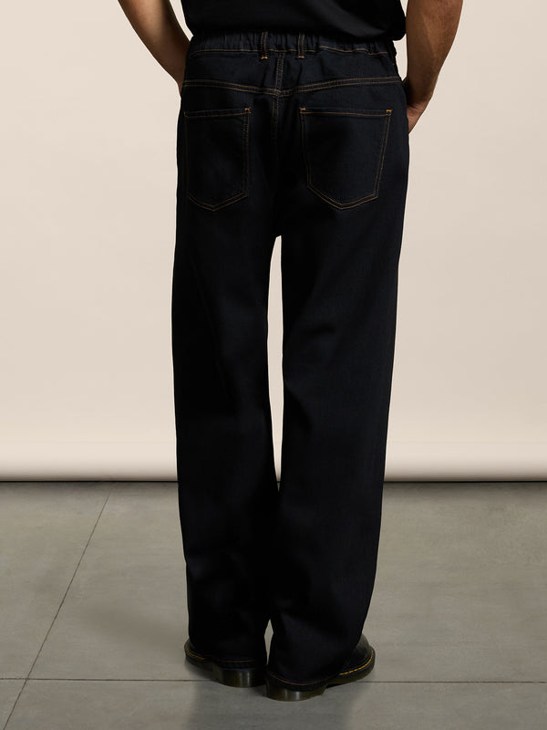 UNISEX 5 POCKET RELAXED FIT PANT IN DENIM COMFORT BLACK WITH TOBACCO STITCHING - BLACK - Men′s Bottomwear | Pence 1979