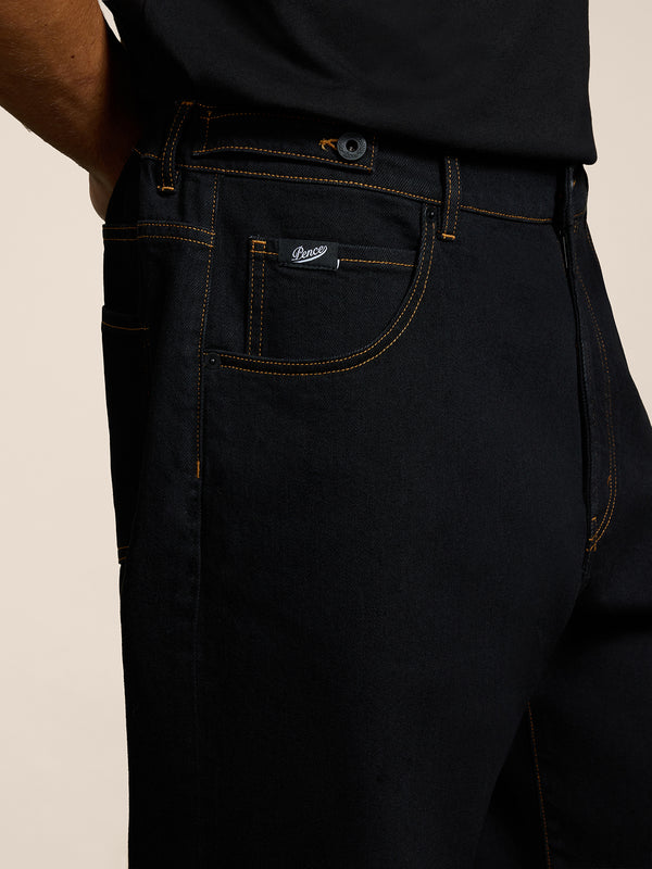 UNISEX 5 POCKET RELAXED FIT PANT IN DENIM COMFORT BLACK WITH TOBACCO STITCHING - BLACK - Men′s Bottomwear | Pence 1979