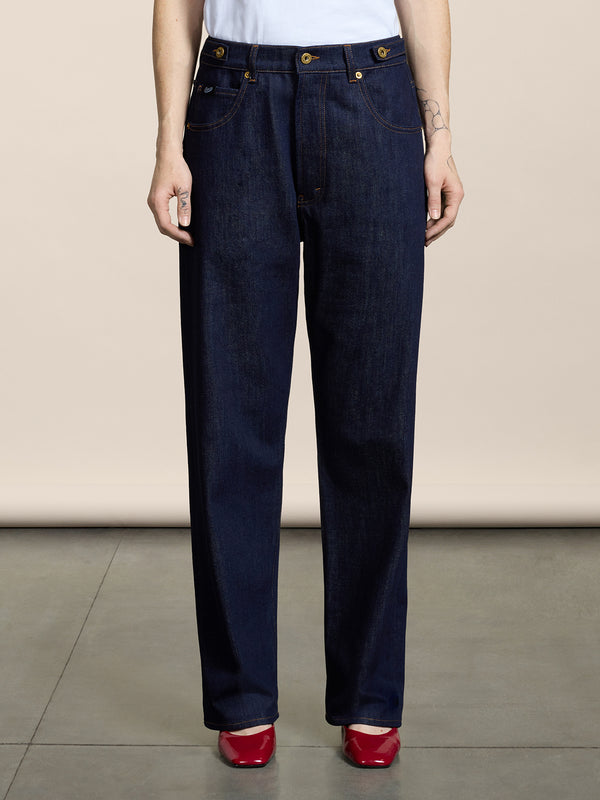 UNISEX 5 POCKET PANT IN DARK BLUE COMFORT DENIM RELAXED FIT - DARK DENIM BLUE  - Men′s Bottomwear | Pence 1979