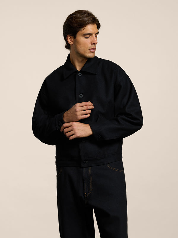 UNISEX OVER FIT WOOL CLOTH JACKET WITH ELASTIC HEM BLACK - BLACK - Men′s Clothing  | Pence 1979