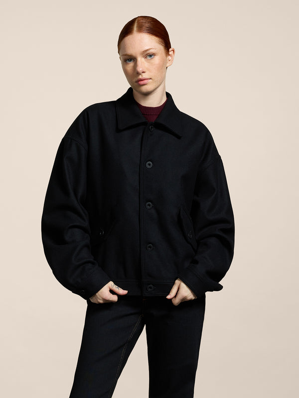 UNISEX OVER FIT WOOL CLOTH JACKET WITH ELASTIC HEM BLACK - BLACK - Men′s Clothing  | Pence 1979