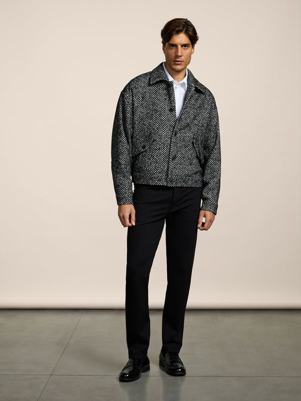 UNISEX OVER FIT JACKET WITH ELASTIC HEM HERRINGBONE PATTERN WHITE AND BLACK COLOR - BLACK/WHITE HERRINGBONE - Men′s Clothing  | Pence 1979
