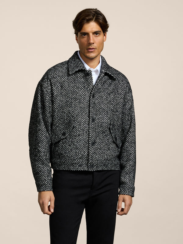 UNISEX OVER FIT JACKET WITH ELASTIC HEM HERRINGBONE PATTERN WHITE AND BLACK COLOR - BLACK/WHITE HERRINGBONE - Men′s Clothing  | Pence 1979