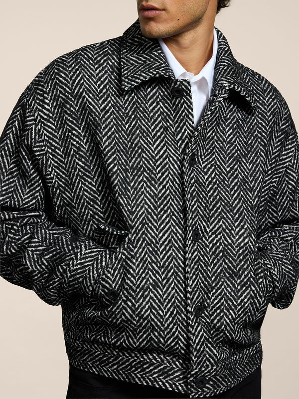 UNISEX OVER FIT JACKET WITH ELASTIC HEM HERRINGBONE PATTERN WHITE AND BLACK COLOR - BLACK/WHITE HERRINGBONE - Men′s Clothing  | Pence 1979