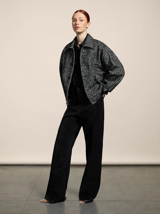 UNISEX OVER FIT JACKET WITH ELASTIC HEM HERRINGBONE PATTERN WHITE AND BLACK COLOR - BLACK/WHITE HERRINGBONE - Men′s Clothing  | Pence 1979