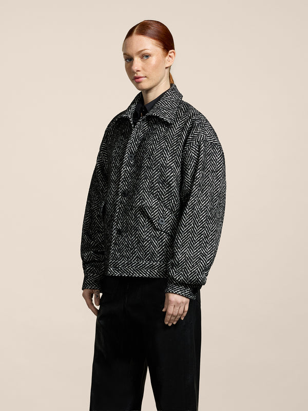 UNISEX OVER FIT JACKET WITH ELASTIC HEM HERRINGBONE PATTERN WHITE AND BLACK COLOR - BLACK/WHITE HERRINGBONE - Men′s Clothing  | Pence 1979